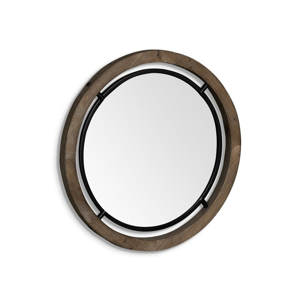 24" Brown And Black Round Metal And Wood Framed Accent Mirror HomeRoots