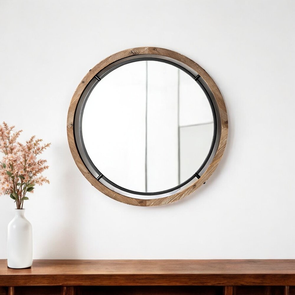 24" Brown And Black Round Metal And Wood Framed Accent Mirror HomeRoots