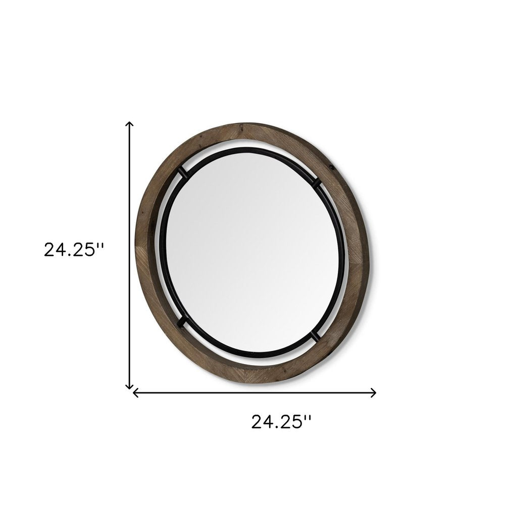 24" Brown And Black Round Metal And Wood Framed Accent Mirror HomeRoots
