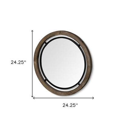 24" Brown And Black Round Metal And Wood Framed Accent Mirror HomeRoots