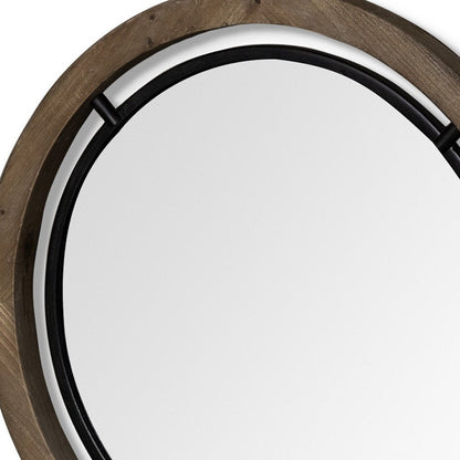 24" Brown And Black Round Metal And Wood Framed Accent Mirror HomeRoots