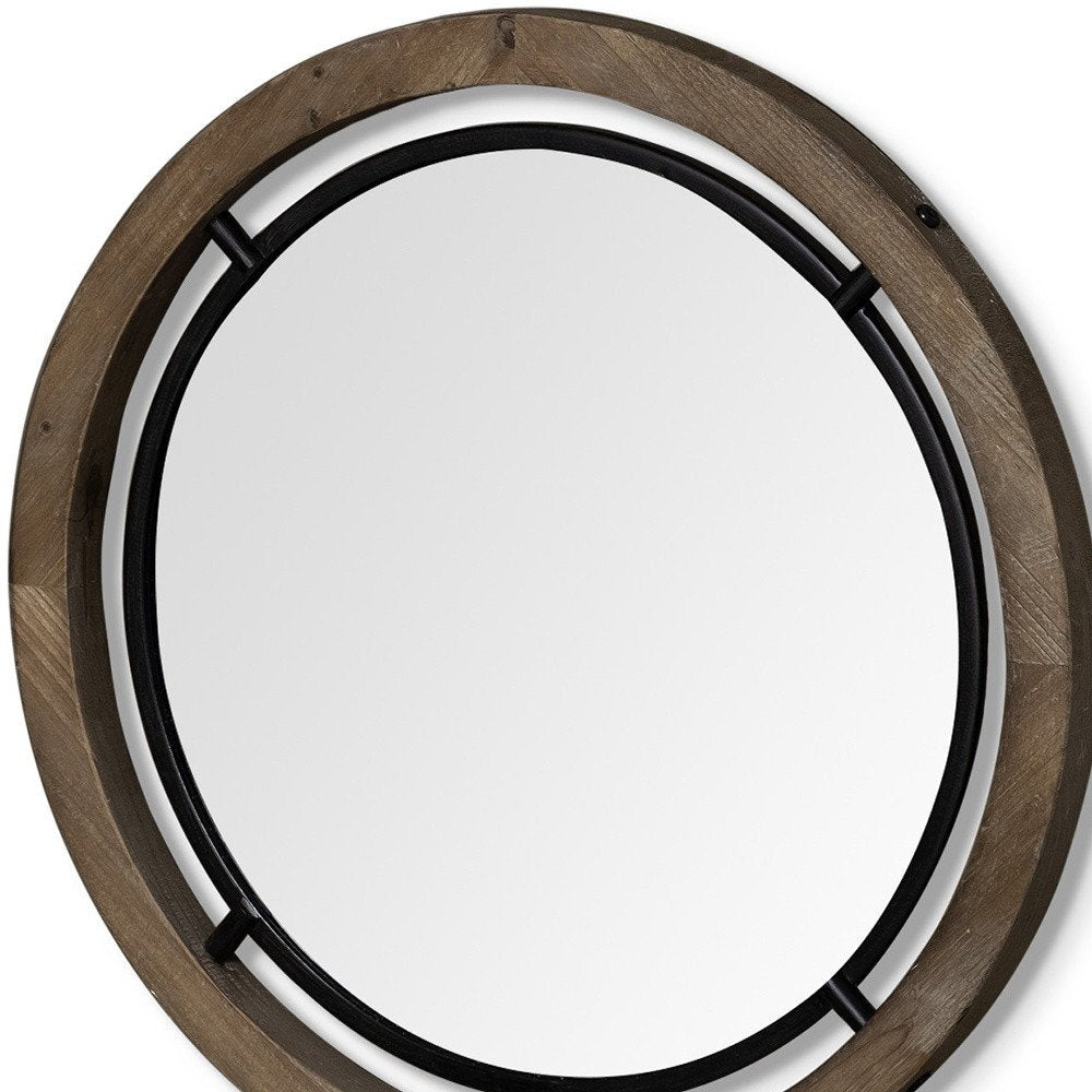 24" Brown And Black Round Metal And Wood Framed Accent Mirror HomeRoots