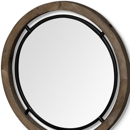 24" Brown And Black Round Metal And Wood Framed Accent Mirror HomeRoots