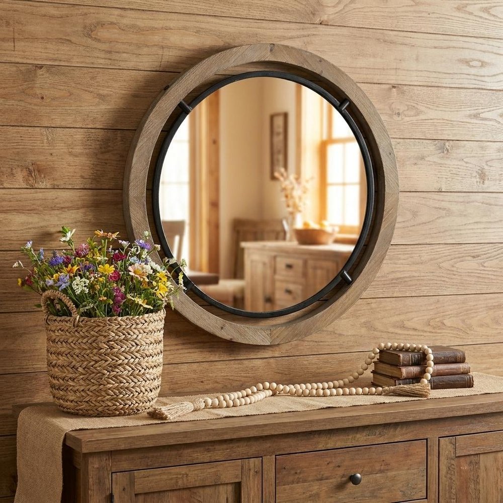 28" Brown Round Wood Framed Accent Mirror HomeRoots
