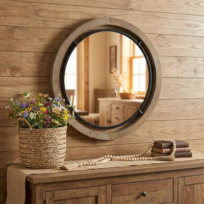 28" Brown Round Wood Framed Accent Mirror HomeRoots