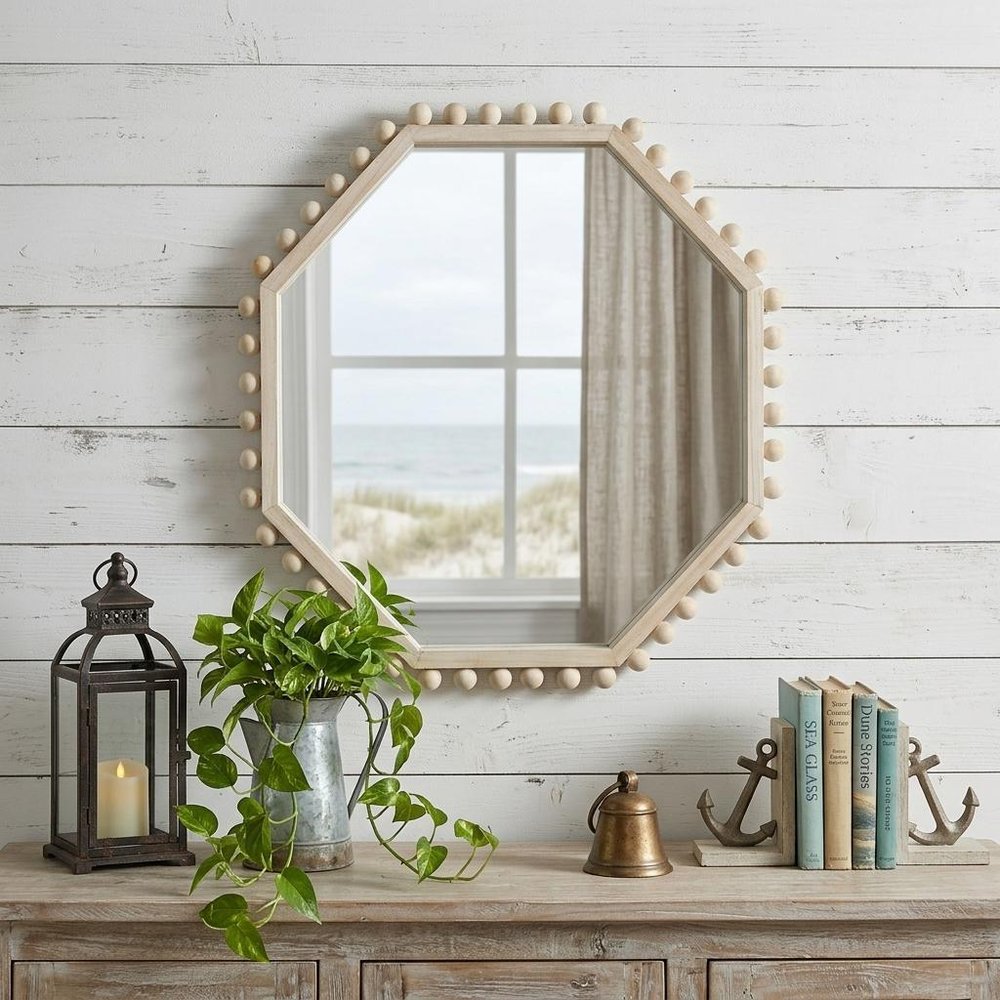 33" Natural Wood Octagon Beaded Framed Accent Mirror HomeRoots