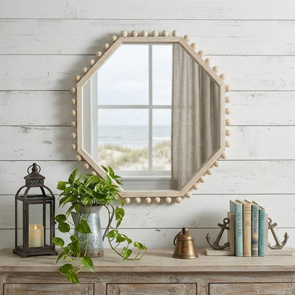 33" Natural Wood Octagon Beaded Framed Accent Mirror HomeRoots