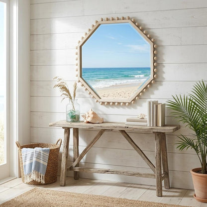 33" Natural Wood Octagon Beaded Framed Accent Mirror HomeRoots