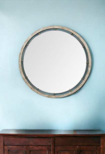 54" Brown Round Wood And Metal Framed Accent Mirror