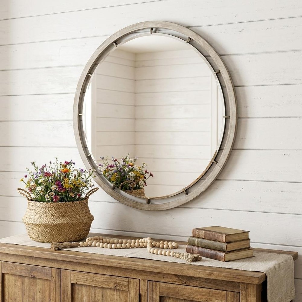 54" Brown Round Wood And Metal Framed Accent Mirror HomeRoots