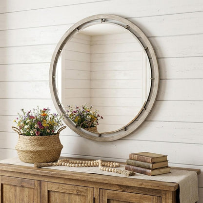 54" Brown Round Wood And Metal Framed Accent Mirror HomeRoots