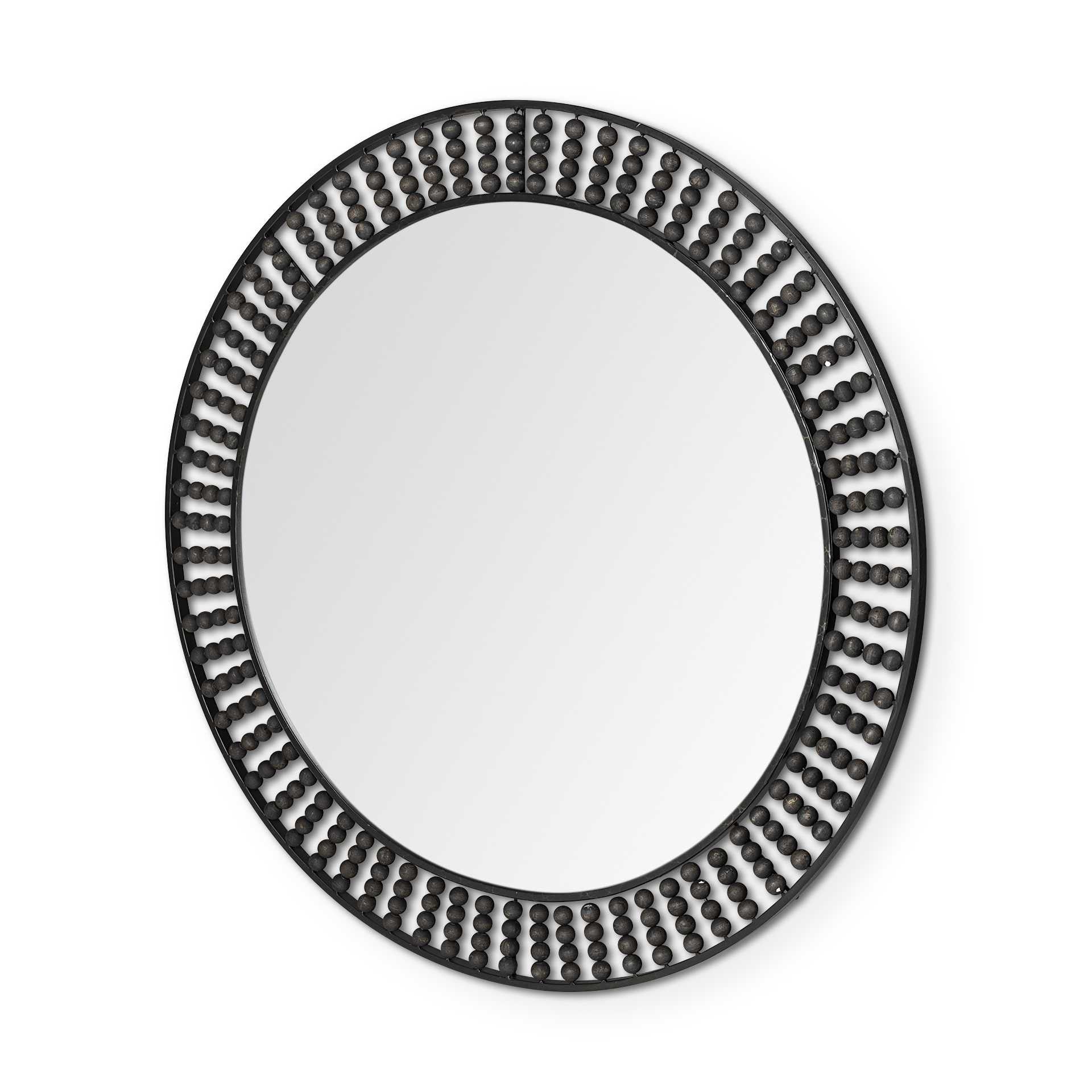 42" Round Black Metal Frame Wall Mirror With Wood Beads HomeRoots