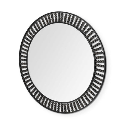 42" Round Black Metal Frame Wall Mirror With Wood Beads HomeRoots