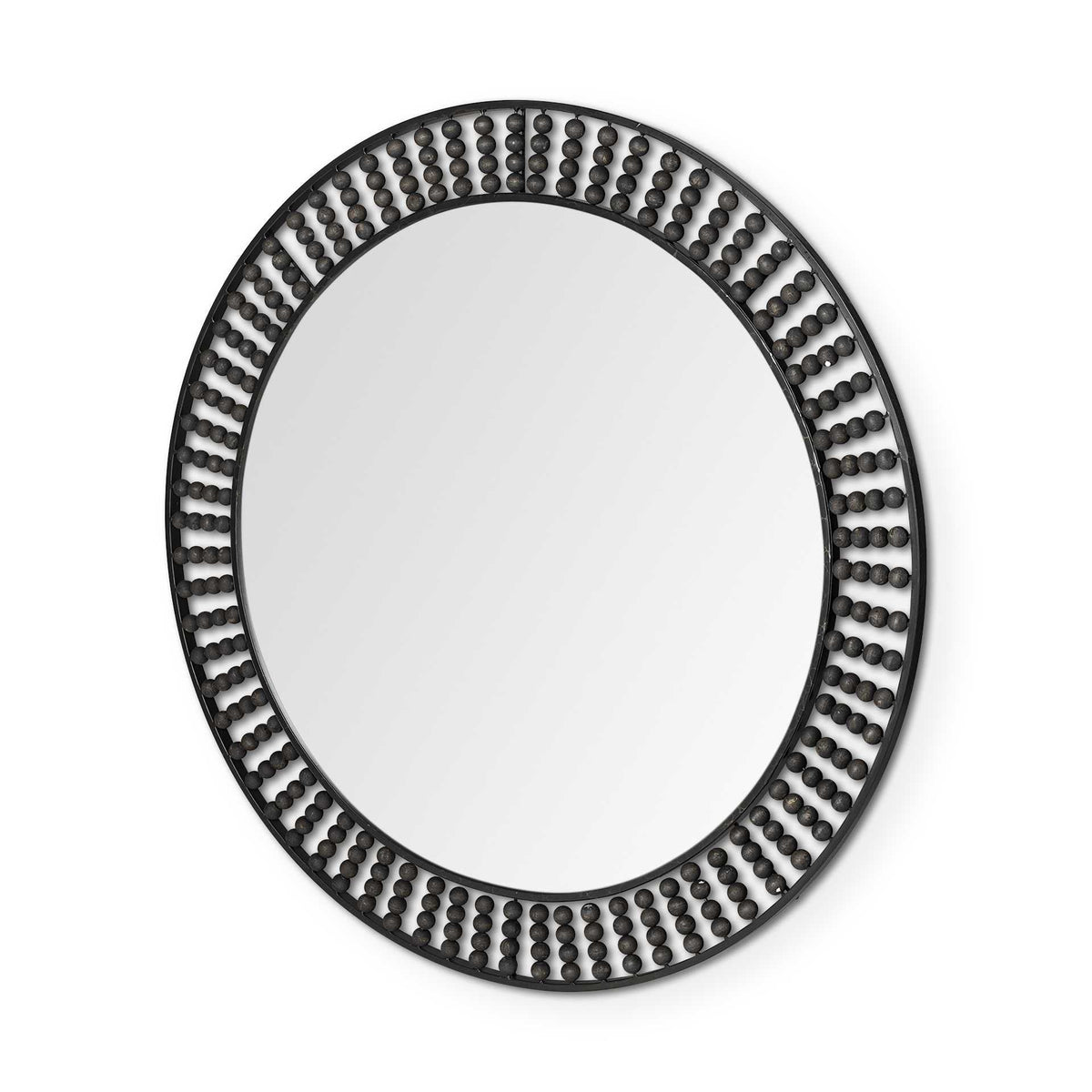 42" Round Black Metal Frame Wall Mirror With Wood Beads HomeRoots