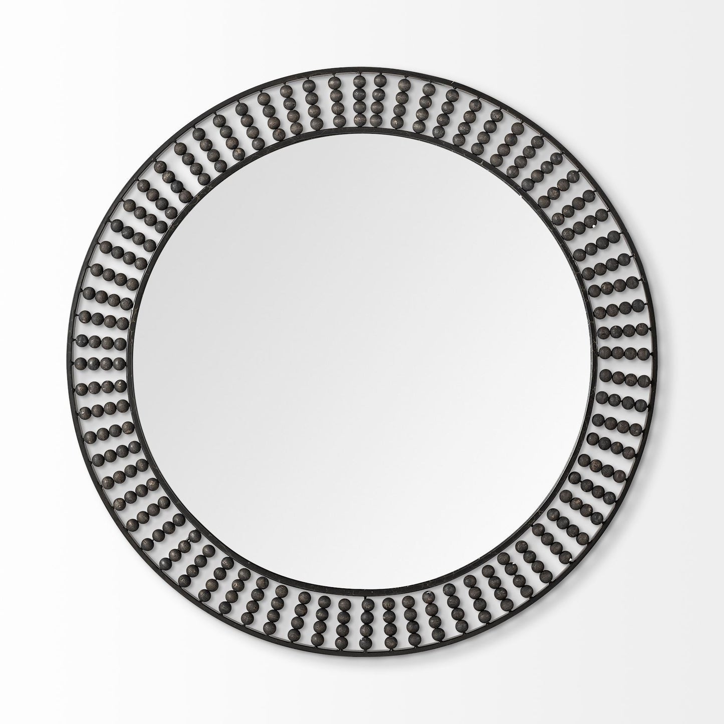 42" Round Black Metal Frame Wall Mirror With Wood Beads HomeRoots