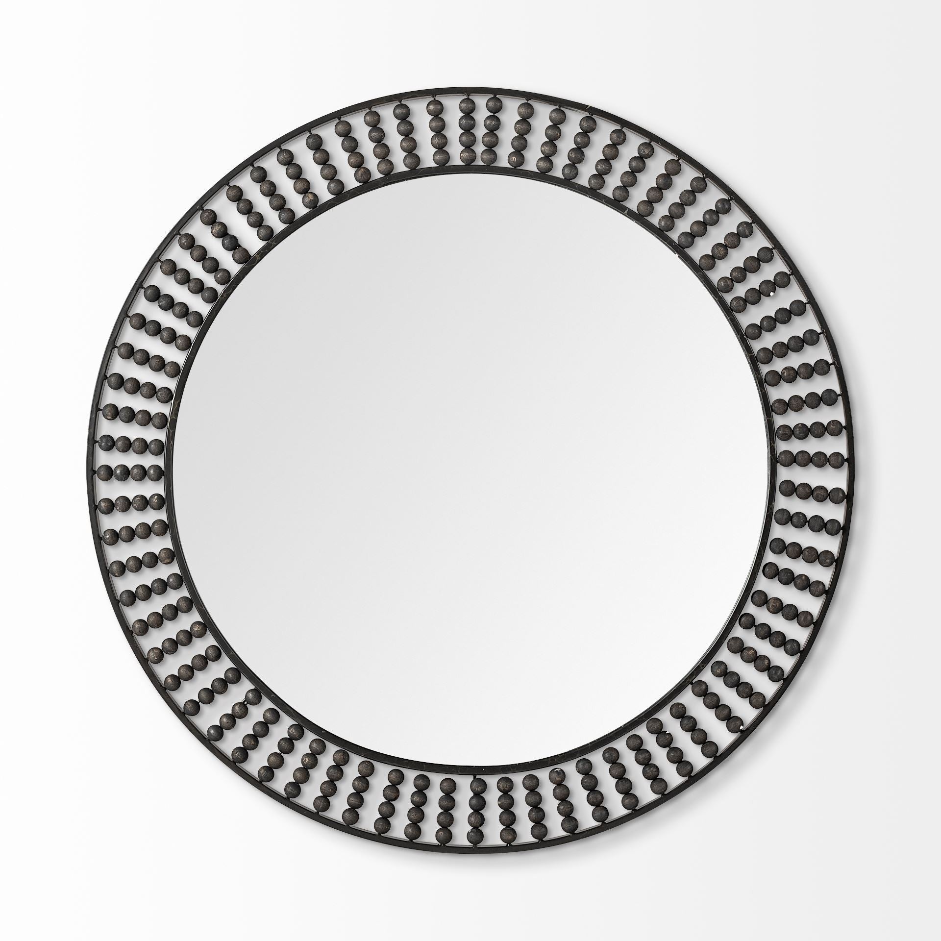 42" Round Black Metal Frame Wall Mirror With Wood Beads HomeRoots