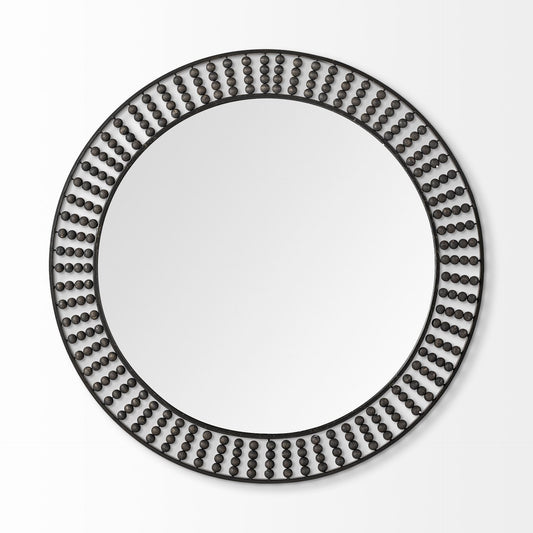 42" Round Black Metal Frame Wall Mirror With Wood Beads HomeRoots