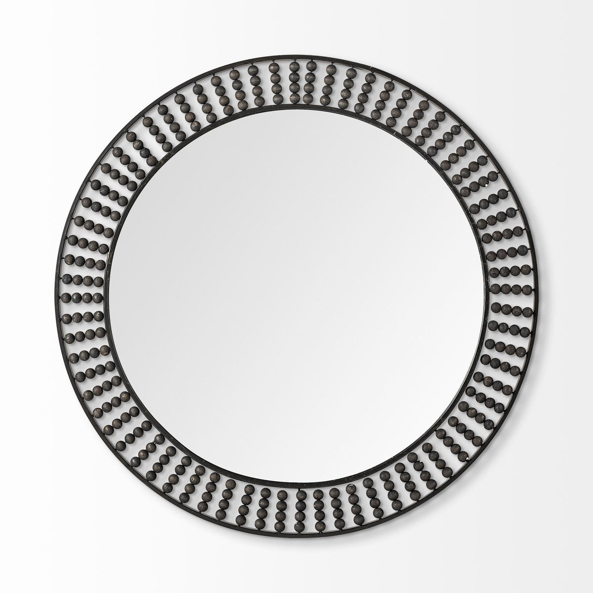 42" Round Black Metal Frame Wall Mirror With Wood Beads HomeRoots