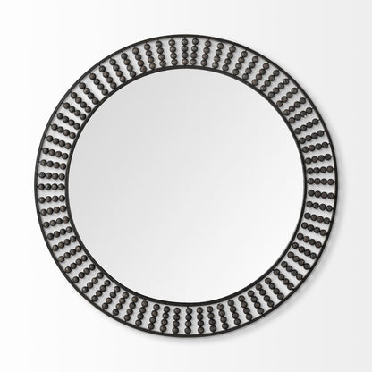 42" Round Black Metal Frame Wall Mirror With Wood Beads HomeRoots