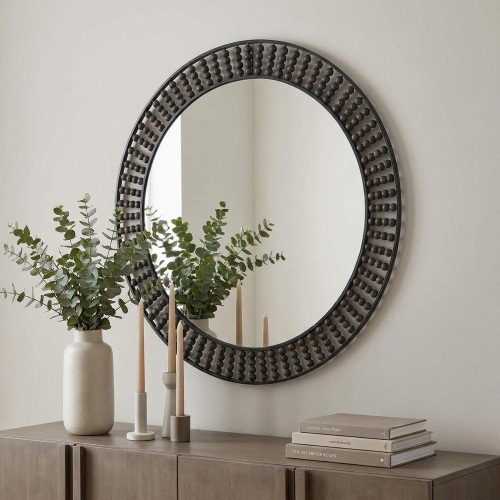 42" Round Black Metal Frame Wall Mirror With Wood Beads HomeRoots