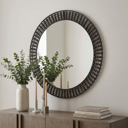 42" Round Black Metal Frame Wall Mirror With Wood Beads HomeRoots