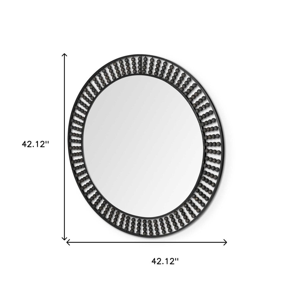 42" Round Black Metal Frame Wall Mirror With Wood Beads HomeRoots
