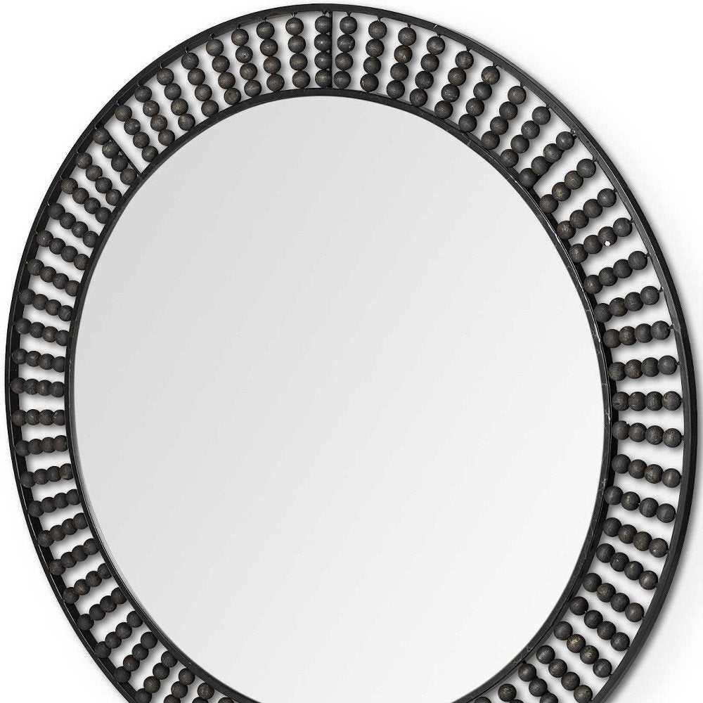 42" Round Black Metal Frame Wall Mirror With Wood Beads HomeRoots