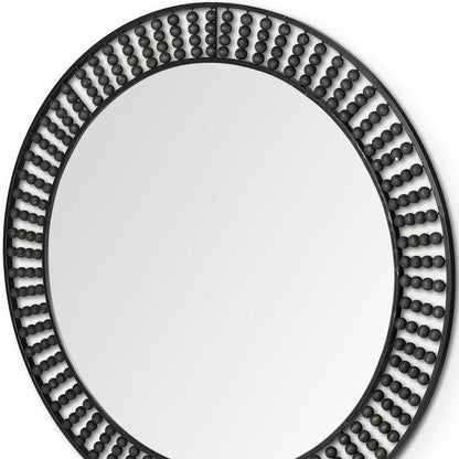 42" Round Black Metal Frame Wall Mirror With Wood Beads HomeRoots