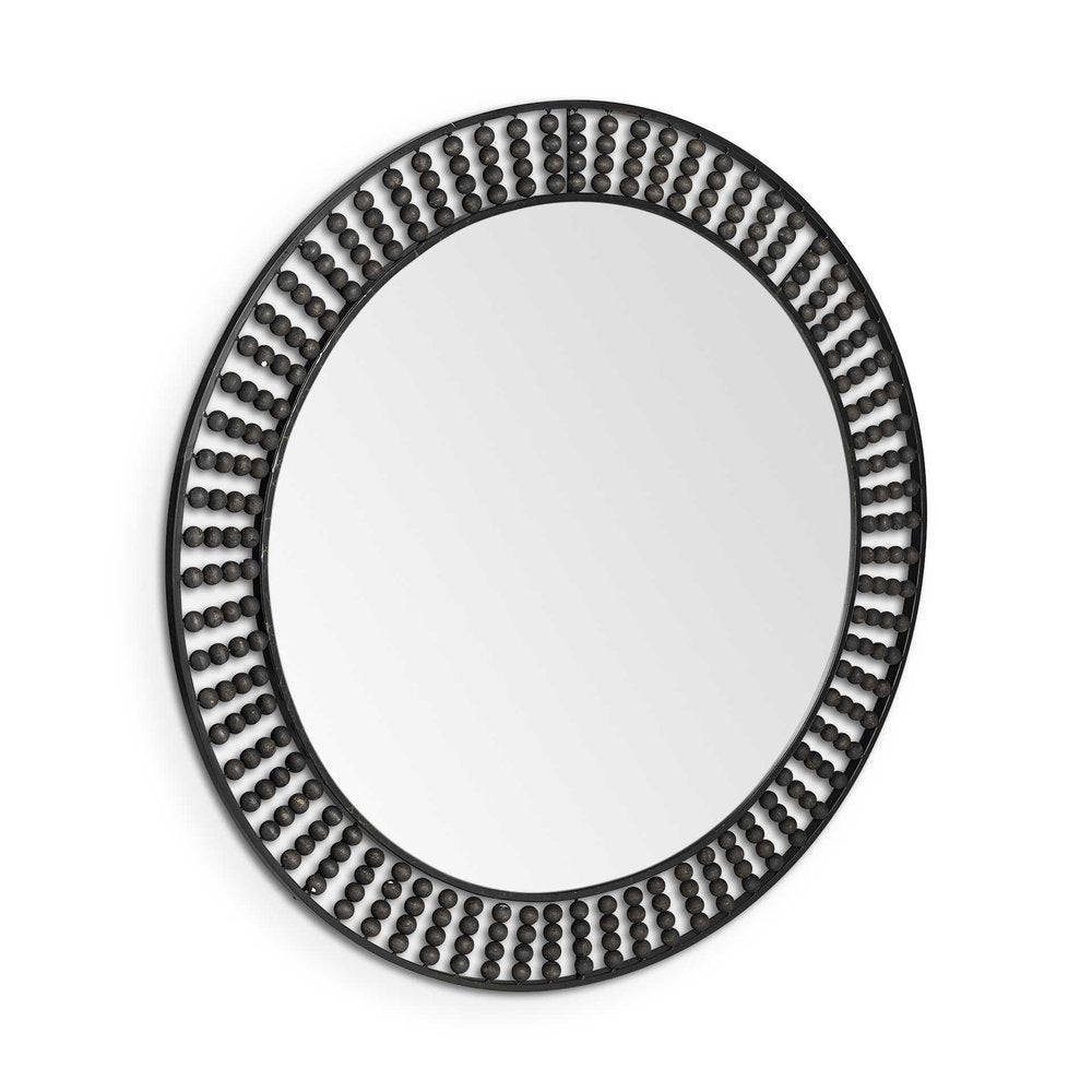 42" Round Black Metal Frame Wall Mirror With Wood Beads HomeRoots