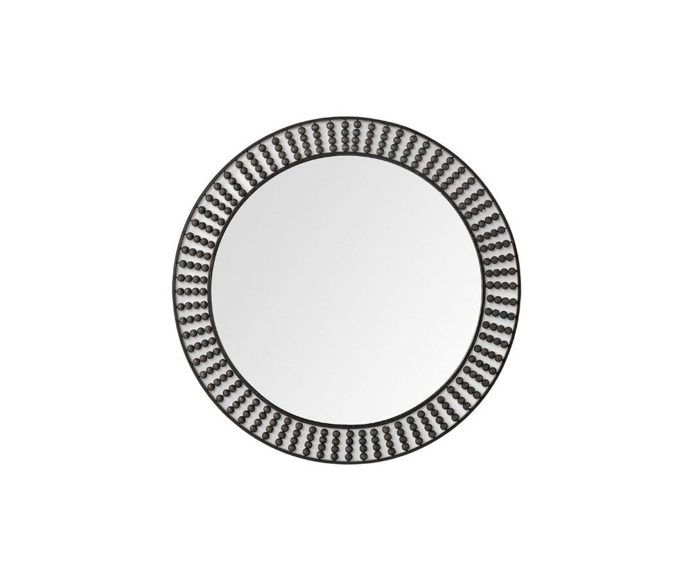 42" Round Black Metal Frame Wall Mirror With Wood Beads HomeRoots