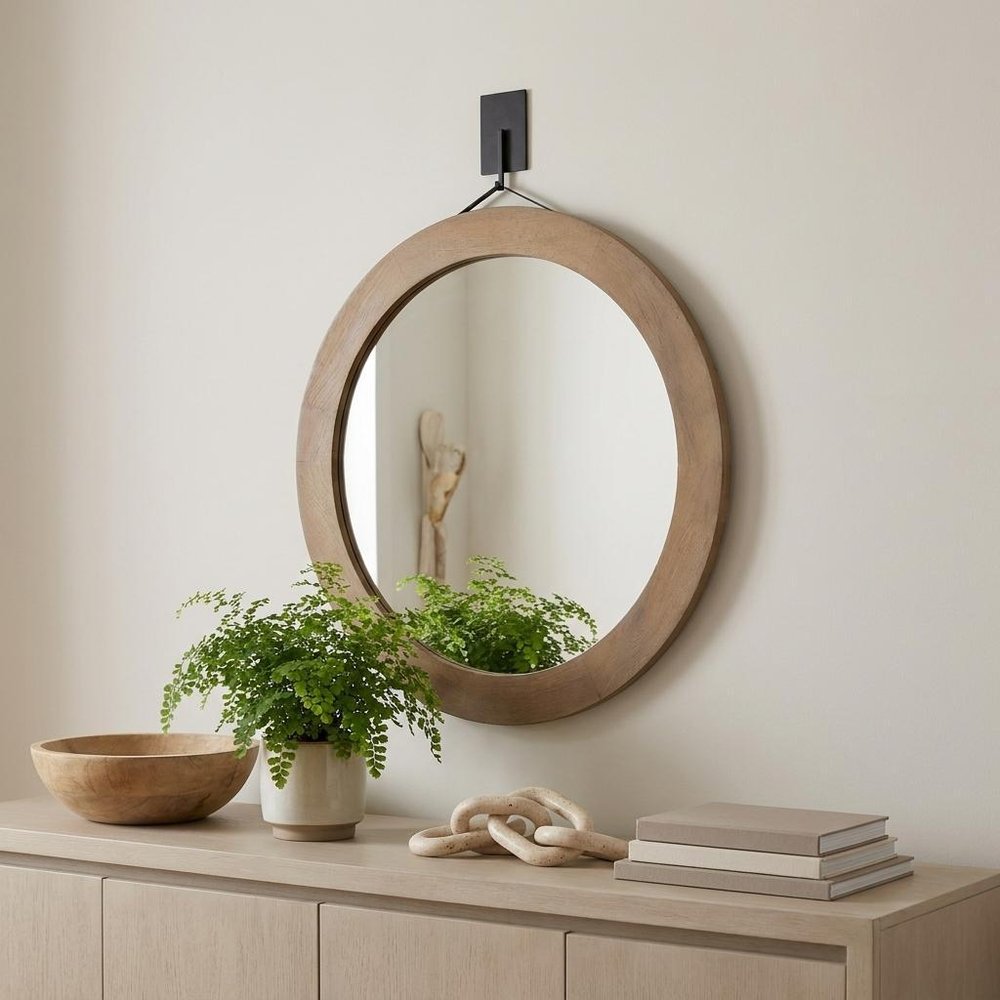 44" Brown Round Wood Framed Rope Hanging Accent Mirror HomeRoots