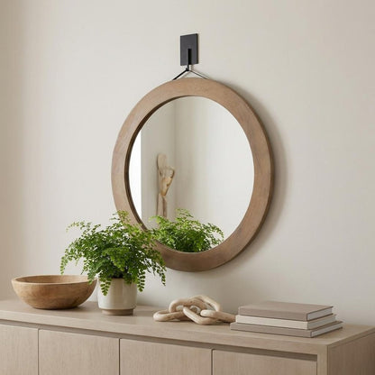 44" Brown Round Wood Framed Rope Hanging Accent Mirror HomeRoots