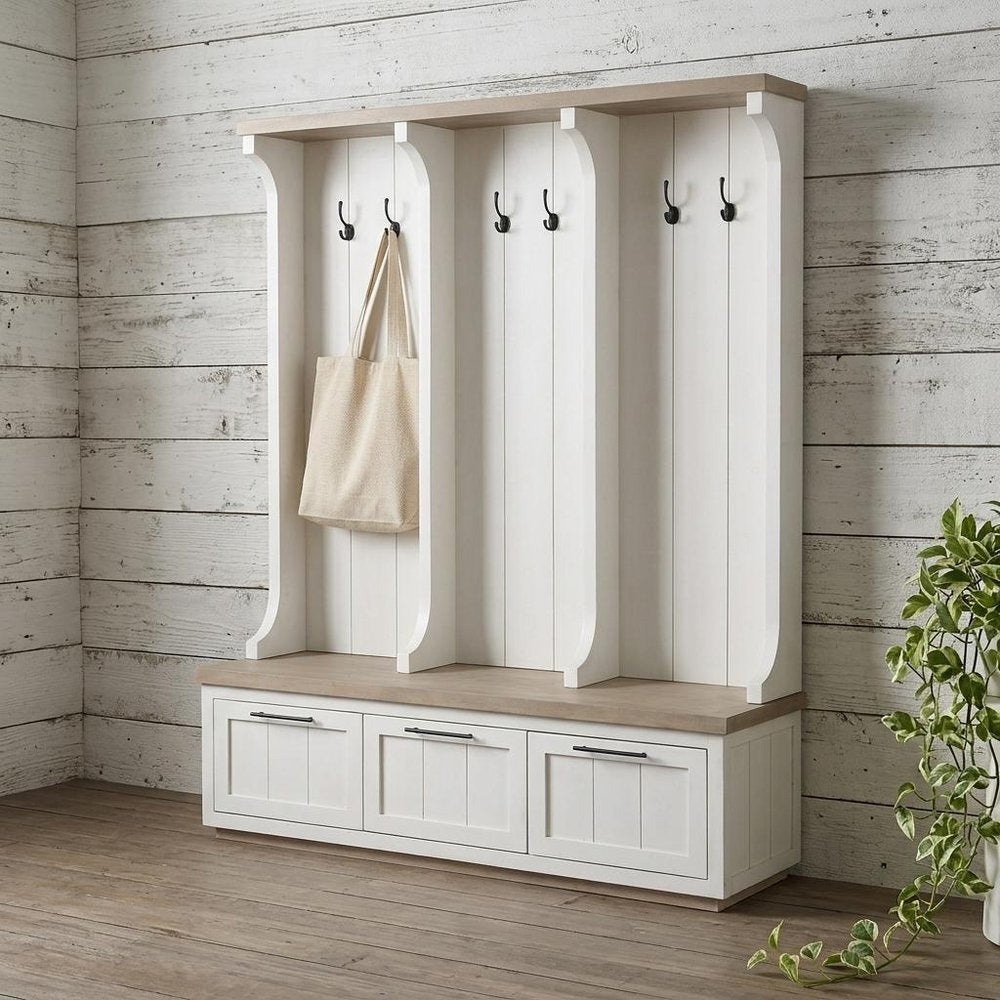 76" White Solid Wood Six Hook Freestanding Coat Rack — view 1
