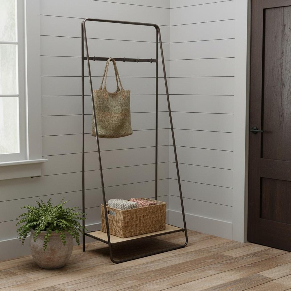 Black Pipe Metal And Wood Shelf Hall Tree HomeRoots