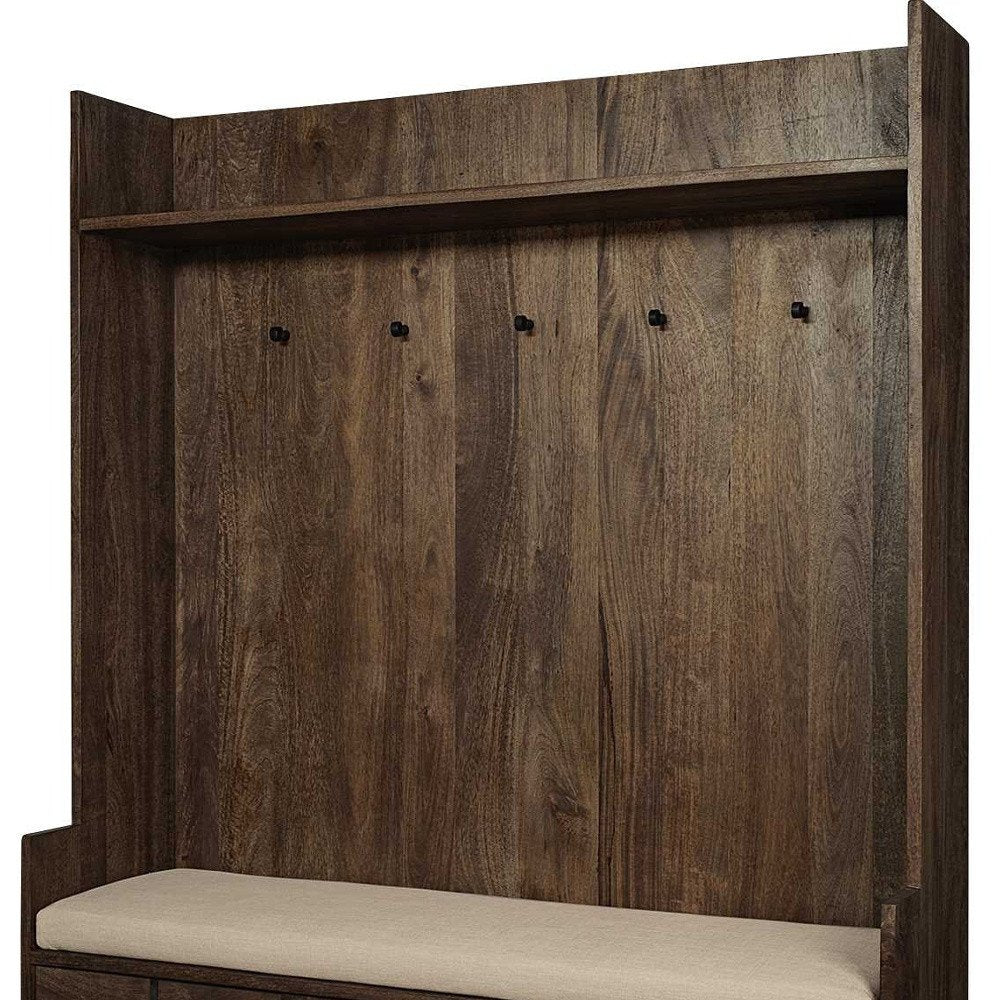 Brown Wood Cream Fabric Wrapped Seat Hall Tree With Storage HomeRoots