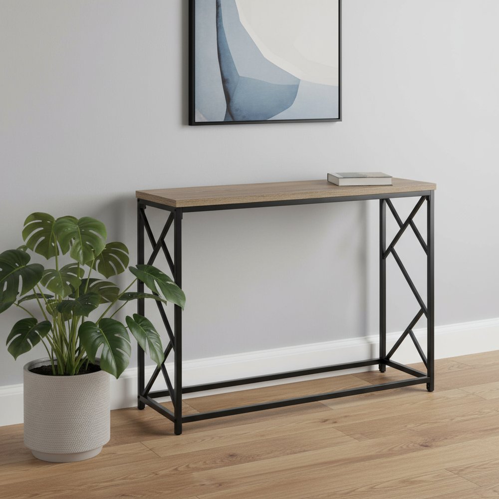 44" Taupe and Black Wood and Metal Frame Console Table HomeRoots