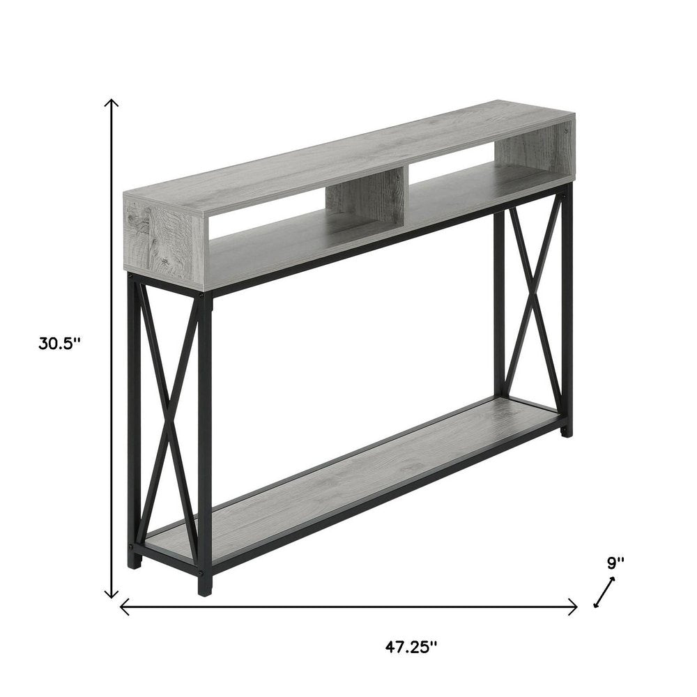 47" Gray and Black Frame Console Table With Shelves HomeRoots