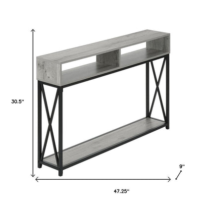 47" Gray and Black Wood and Metal Frame Console Table With Three Shelves HomeRoots