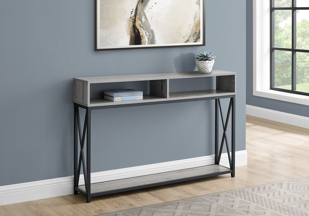 47" Gray and Black Wood and Metal Frame Console Table With Three Shelves HomeRoots