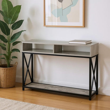 47" Gray and Black Wood and Metal Frame Console Table With Three Shelves HomeRoots