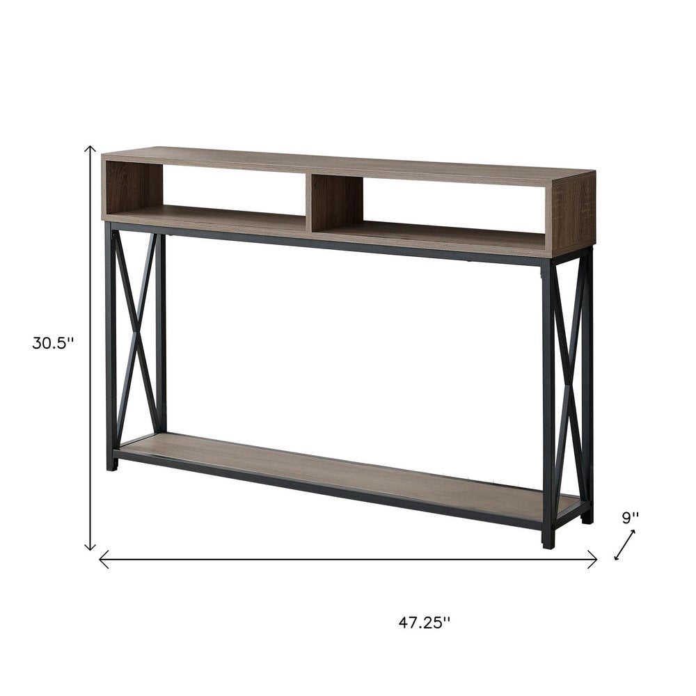47" Taupe and Black Wood and Metal Frame Console Table With Three Shelves HomeRoots