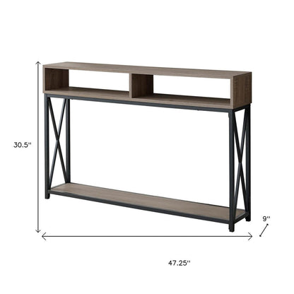 47" Taupe and Black Wood and Metal Frame Console Table With Three Shelves HomeRoots
