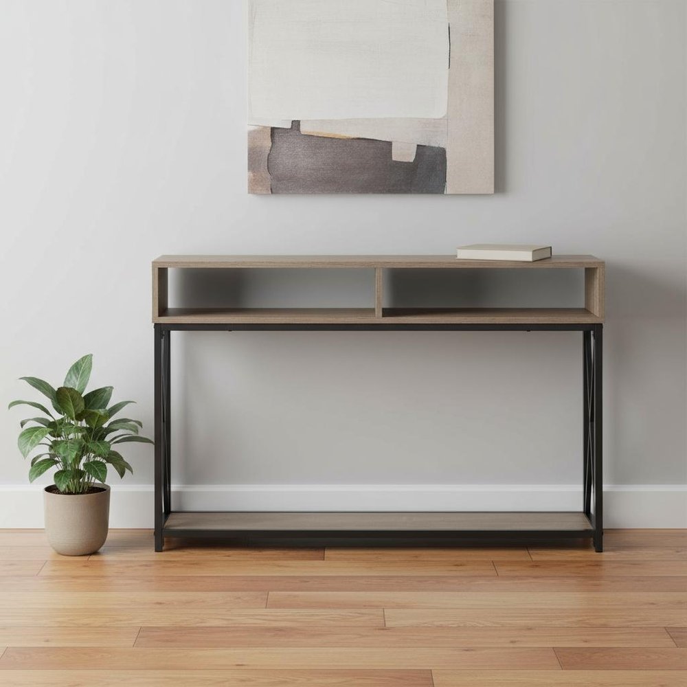47" Taupe and Black Wood and Metal Frame Console Table With Three Shelves — view 13