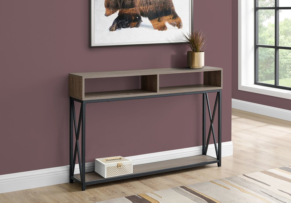 47" Taupe and Black Wood and Metal Frame Console Table With Three Shelves HomeRoots
