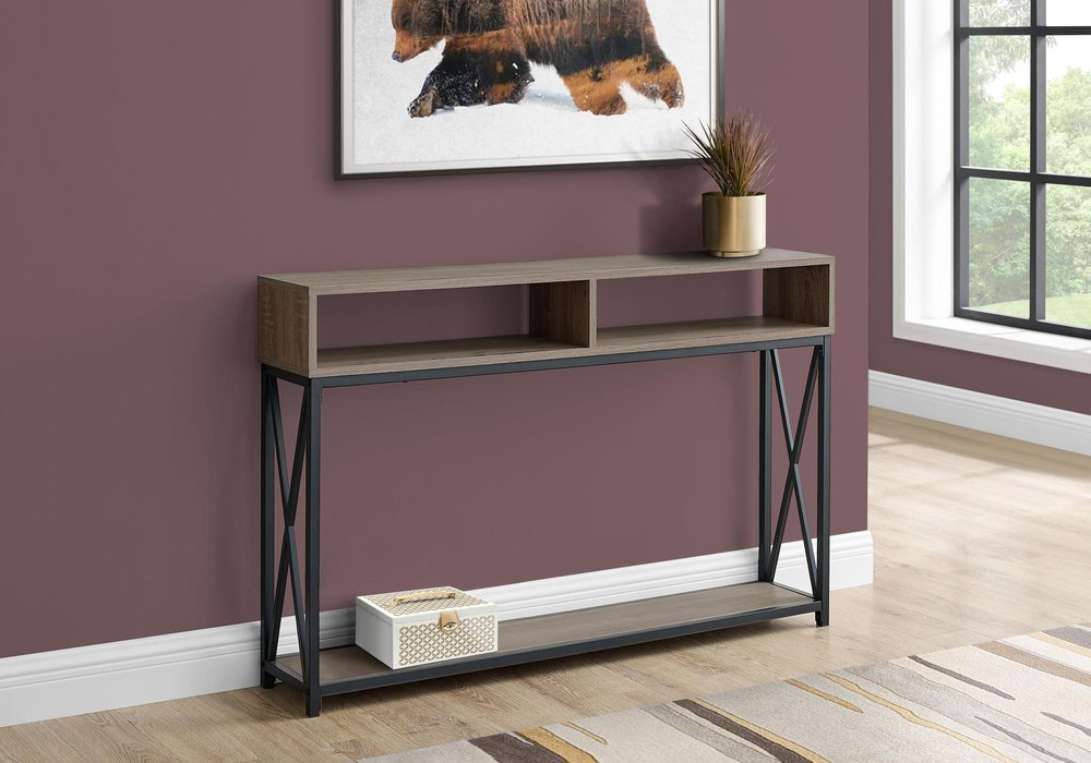 47" Taupe and Black Wood and Metal Frame Console Table With Three Shelves — view 9