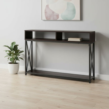 47" Brown and Black Frame Console Table With Shelves HomeRoots