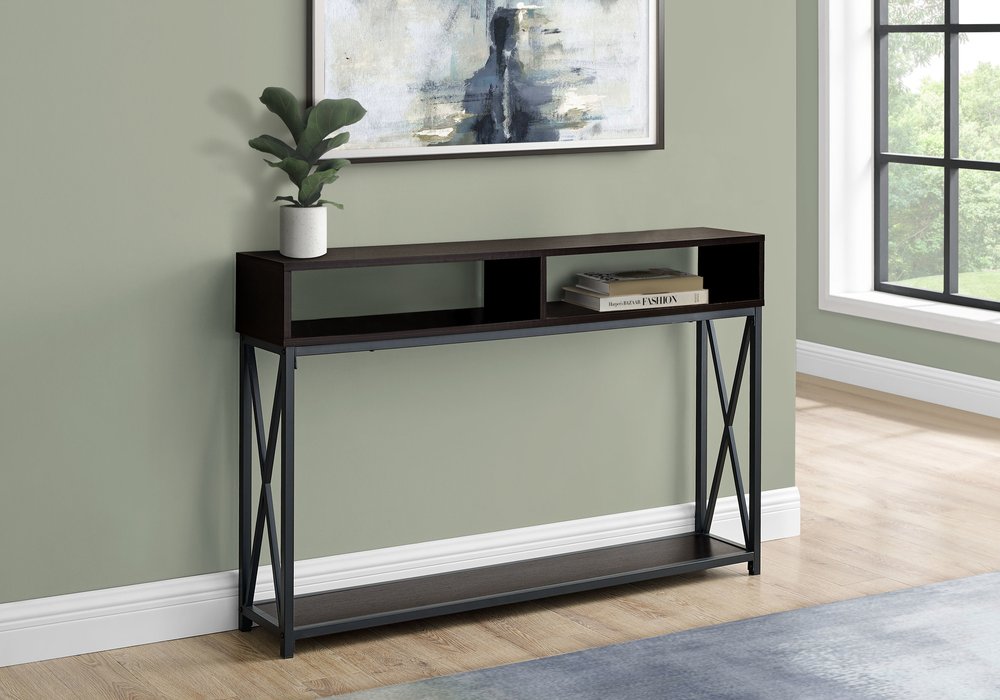 47" Brown and Black Frame Console Table With Shelves HomeRoots