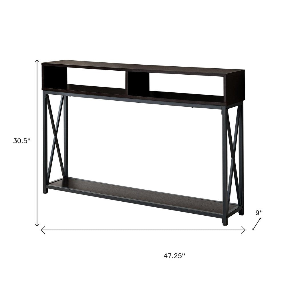 47" Brown and Black Frame Console Table With Shelves HomeRoots