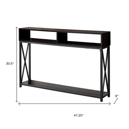 47" Brown and Black Frame Console Table With Shelves HomeRoots