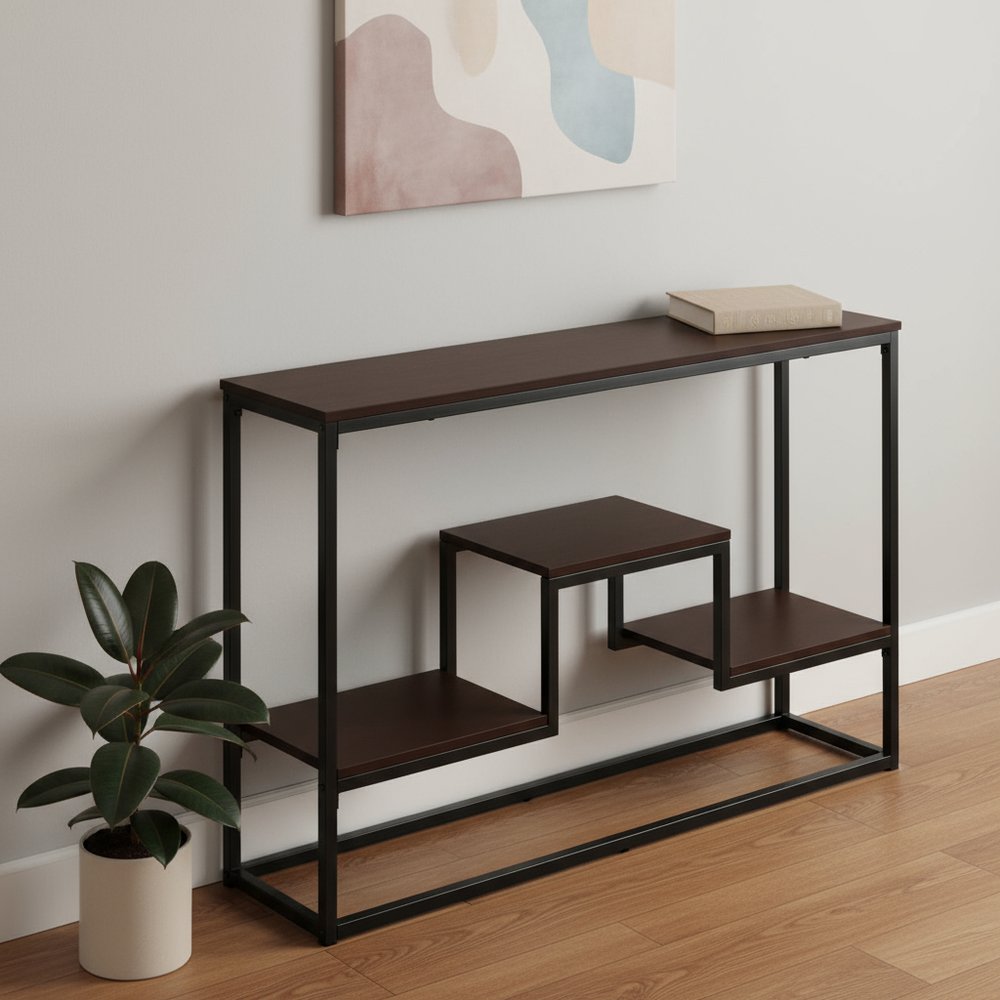 48" Brown and Black Frame Console Table With Shelves HomeRoots